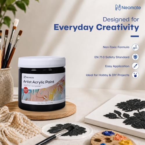 Image of Neomate Acrylic Colour Black 500ml | Art & Craft, DIY, Rich Pigment, Non-Craking Paint for Canvas, Wood, Leather, Earthenware, Metal | Ideal for school projects, Hobbyists, Artists
