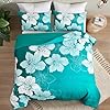 Menghomeus Queen Comforter Set Gradient Teal Bedding Floral Comforter Sets - Soft Microfiber Bed Comforter Set for All Season, 3 Piece Botanical Flowers Comforter, Pillowcases #2