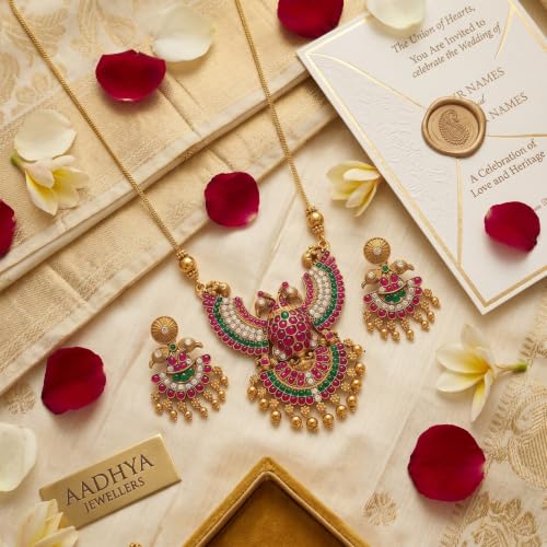 Image of Traditional Gold-Plated Lakshmi Temple Pendant Necklace Set for Women | Antique South Indian Jewelry with Jhumka Earrings | Ethnic Bridal, Wedding & Festive Jewelry Set