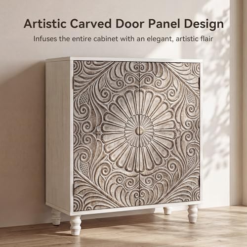 COSIEST Set of 2 32" Buffet Sideboard Cabinets with Storage, Accent Cabinet with Push-to-Open Doors, Vintage Flower Carved Pinewood Doors, Entryway Console for Living Room, Kitchen, Hallway, Gray - Image 4