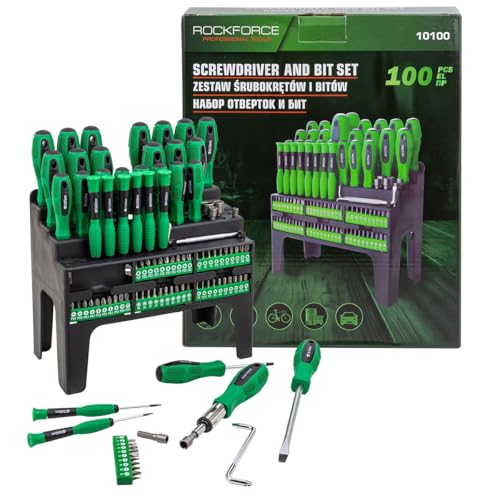 Rockforce Schraubendreher- und Bit-Set 100-tlg. mit Magnetspitze, ergonomischen Griffen & Halterung – Profi Werkzeugkoffer für Auto, Fahrrad, Haushalt & Werkstatt