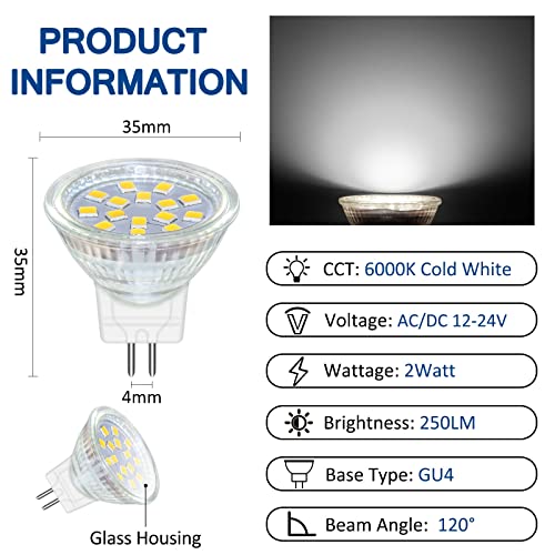 Akynite MR11 GU4 2W LED Cool White 6000K, 35mm Small Size, 250LM, AC DC 12V-24V, 120° Angle with Glass Cover - Image 2