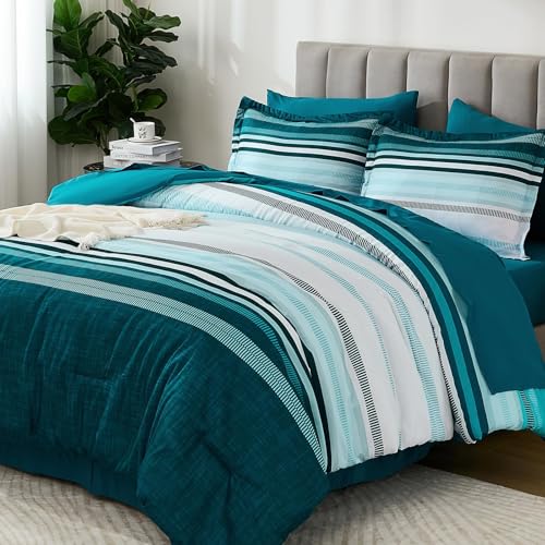 Dobuyly Teal King Size Comforter Set 7 Pieces, Blue Boho Striped Bed in a Bag Soft Microfiber All Season Bedding Set with Comforter, Sheets, Pillowcases & Shams