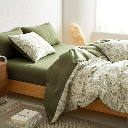 Image of BOLINLIVING Floral Duvet Cover Full Size, Green Botanical Duvet Cover Set with 2 Pillowcases, Breathable Soft Microfiber Bedding Set for All Season with Zipper Closure and 8 Corner Ties