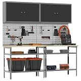 Set di 8 banchi da lavoro in acciaio verniciato a polvere nero e grigio con ripiani in metallo, 200 x 55 x 200 cm, tavolo da lavoro e parete forata, ideale per officina, garage, fai da te e sala hobby