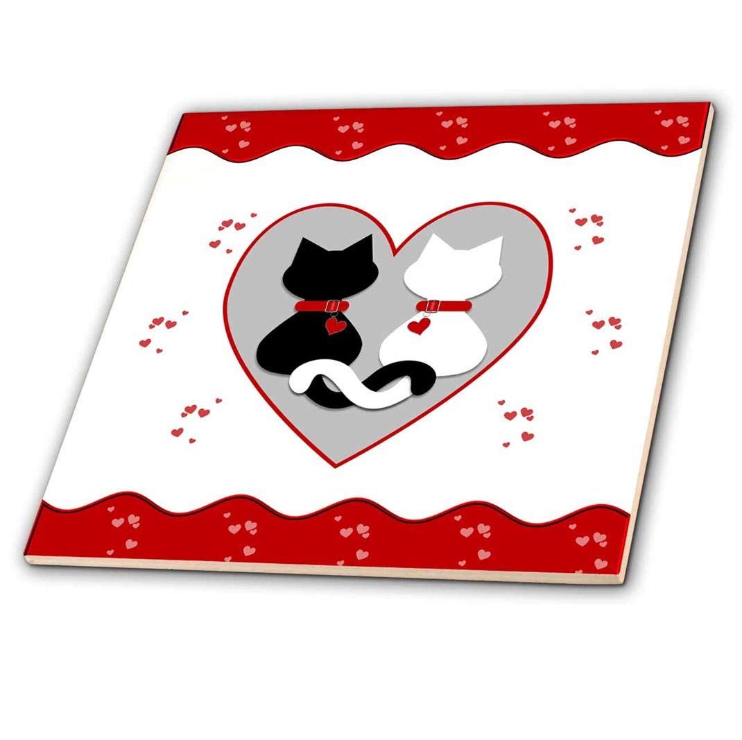 3dRose Cute Red Hearts Valentine Cat Couple-Ceramic Tile, 8-inch (ct_180669_3), Multicolor