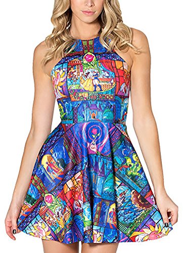 QZUnique Women's Cartoon Printed Stretchy Sleeveless Pleated Fit and Flare Skater Dress2