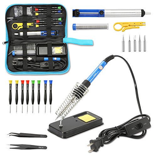 Qimh Soldering Iron Kit,60W 110V Adjustable Temperature 23-In-1 Welding Soldering Iron with ON/OFF Switch,5 Different Tip,Soldering Sucker,Desoldering Pump,2Anti-Static Tweezers,Wire cutter,wire,stand