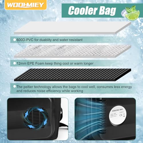 Image of 15L Portable Electric Cooler Bag,Car Cooler Watertight Liner Bag, Soft Sided Thermoelectric Travel Cooler with Shoulder Strap, Storage Pocket & DC 12V Plug in for