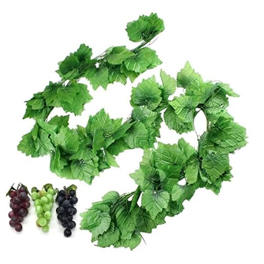 HECATY 12 Strands 90 ft Artificial Fake Grape Vines with 3 Strings Grapes, Hanging Plant Large Leaves Garland for Wedding Party Store Home Decor Indoor Outdoors