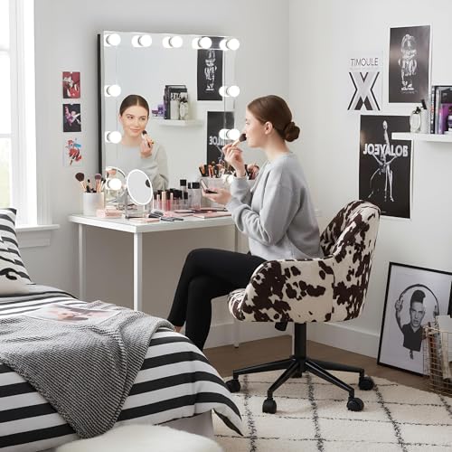 Image of Modern Swivel Home Office Desk Chair with Wheels, Cow Print Velvet Height Adjustable Comfortable Ergonomic Upholstered Vanity Make up Chair, Cute Cowhide Computer Armchair for Living Room Home
