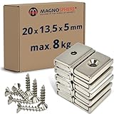 Neodym Magnet zum Anschrauben rechteckig extra stark - 8 kg - mit Senkbohrung - Starke Quader-Magnete 20mm lang mit Loch/Bohrung und Senkung für Büro Haushalt Werkstatt - 10 Stück inkl. 10 Schrauben