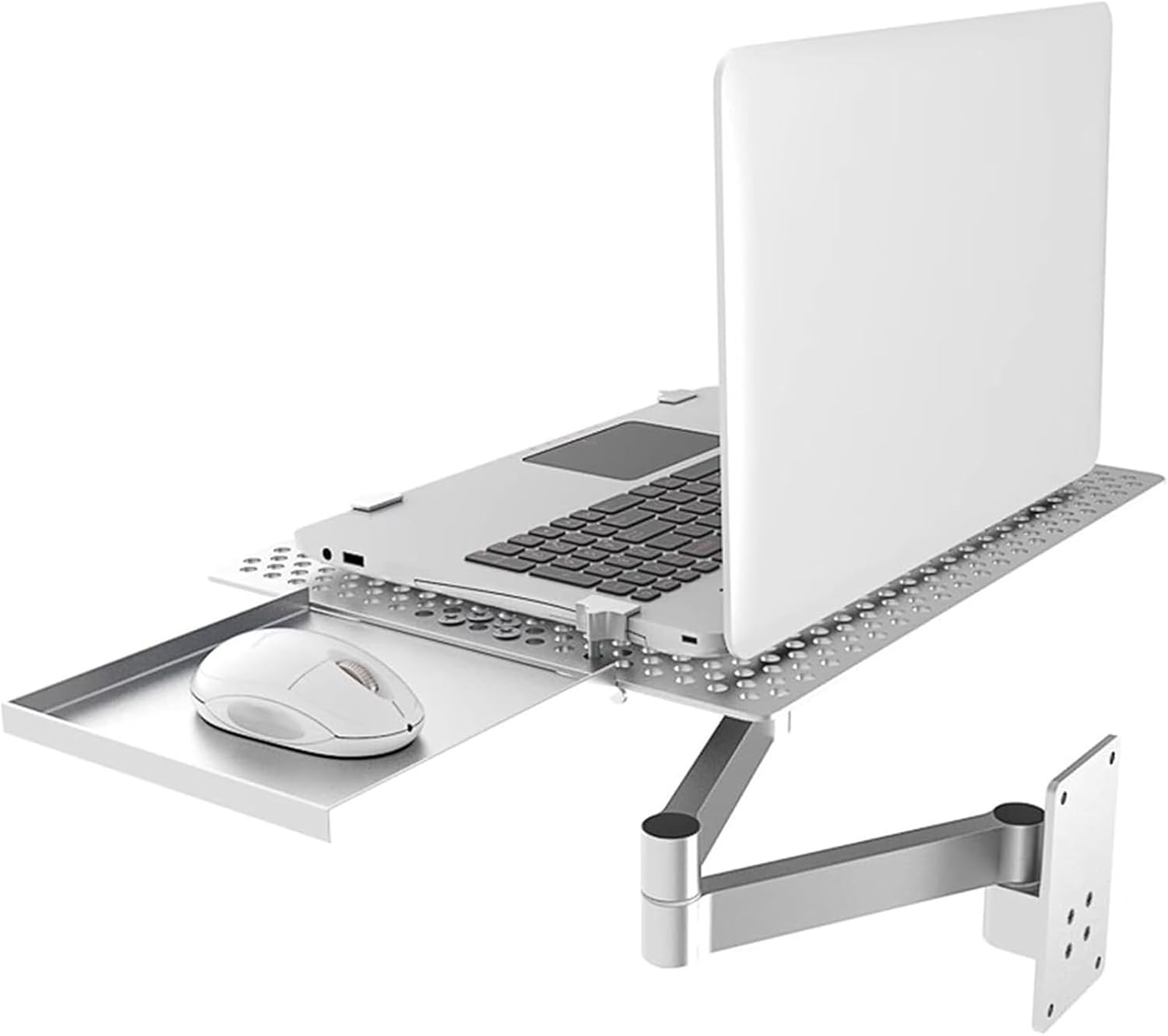 Laptop Wall Mount Holder, Adjustable Laptop Stand with Mouse Tray and Articulating Arm for Office Workstation, Space-Saving Design