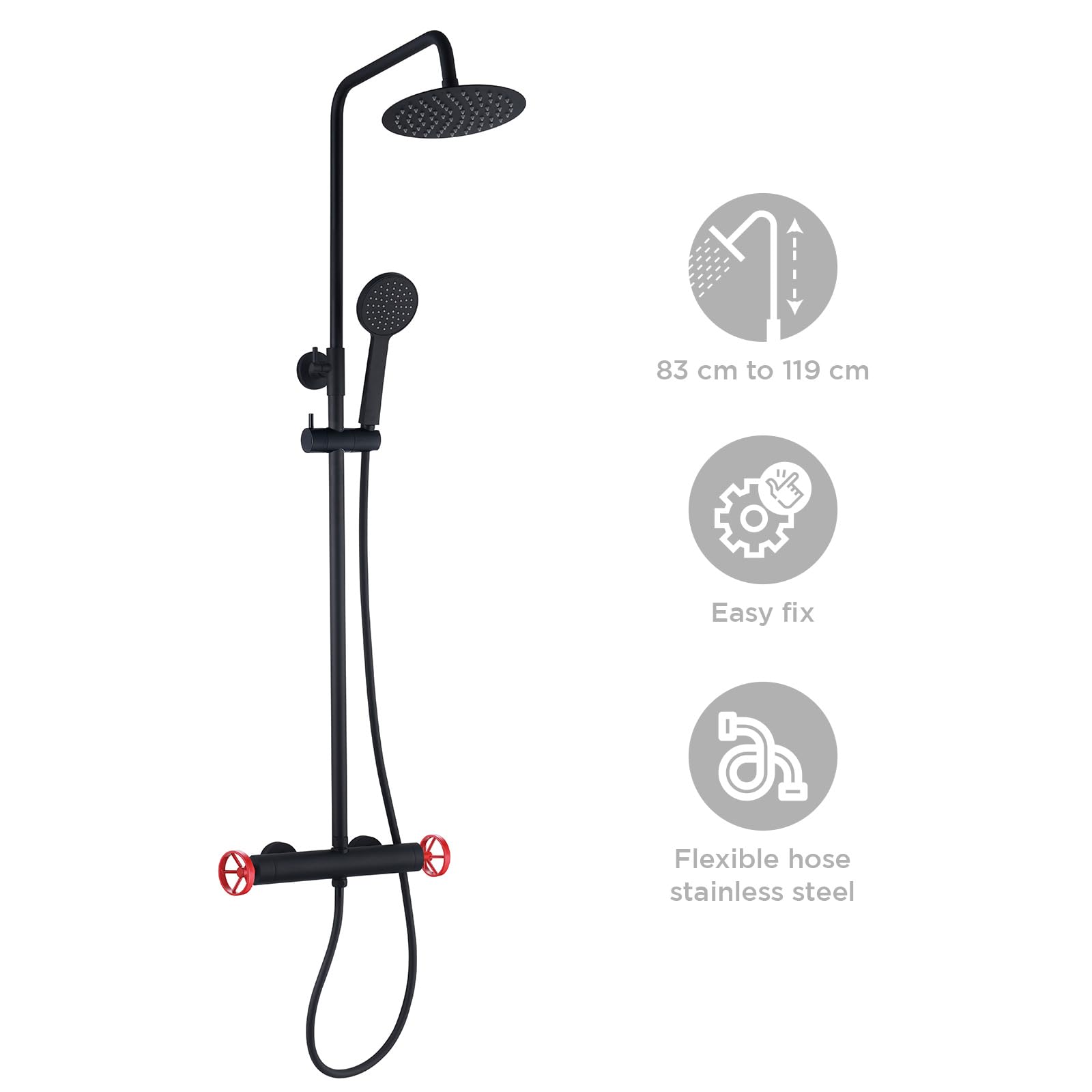 K2O Pack Columna de Ducha 83-119cm y Grifo de Lavabo Monomando 23x6,7x37cm Negro Mate Reguladores Rojos, Latiguillos y Aireador