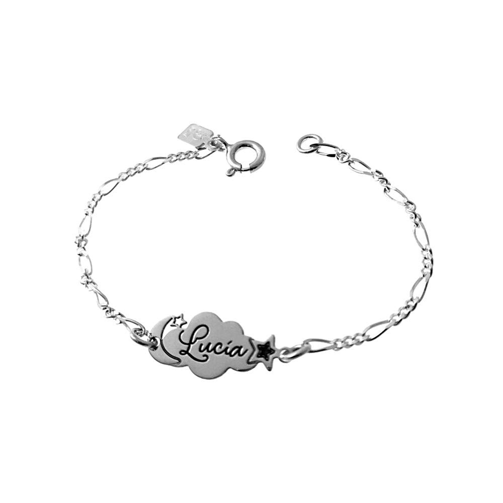 Esclava plata Ley 925m pulsera infantil 13.5cm. nombre personalizable detalle nube luna estrellas - Personalizable - GRABACIÓN INCLUIDA EN EL PRECIO