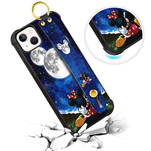 Cartoon Case For Iphone 14 Case 6.1 Inch Cute Mickey Minnie Moon Cartoon Character Design With Lanyard Wrist Strap Band Holder Shockproof Protection Bumper Kickstand Cover For Iphone 14 (2022) #TOP1