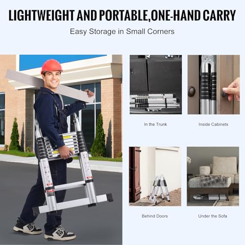 VEVOR Teleskopleiter, 2,4-5 m, A-förmige Aluminium-Ausziehleiter, leichte, zusammenklappbare Leiter mit Mehrfach-Einzug, 170 kg Tragkraft mit Stabilisatorstange, Mehrzweckleiter für Wohnmobil, Camper