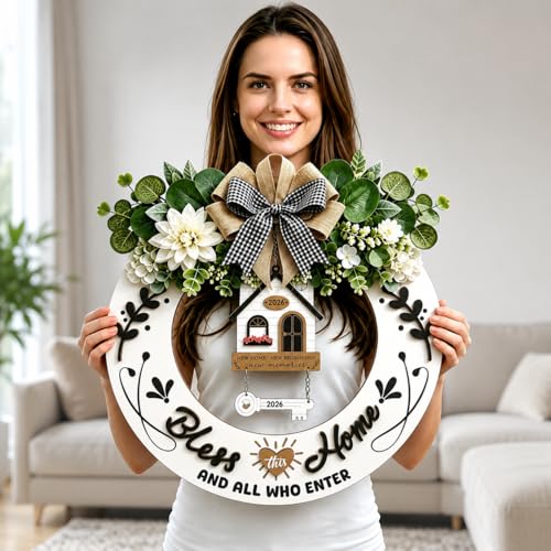 House Warming Gifts for New Home 2026-3D Welcome Sign Round Wood Wreaths for Front Door, Bless This Home Door Wreath Wall Hanging Outdoor, Porch, Farmhouse, Wall, Window Decor(Elegant White)