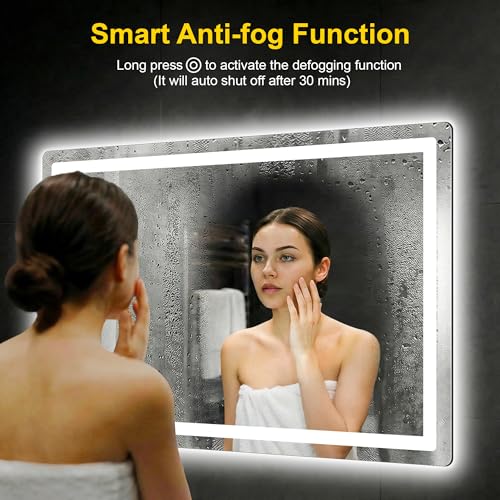 Image of LED Bathroom Mirror with Lights, 30 inchx45 inch Lighted Vanity Mirror for Wall | Anti-Fog, Dimmable 3 Color Light, Backlit+Frontlit, Shatterproof Tempered Glass, Memory Function