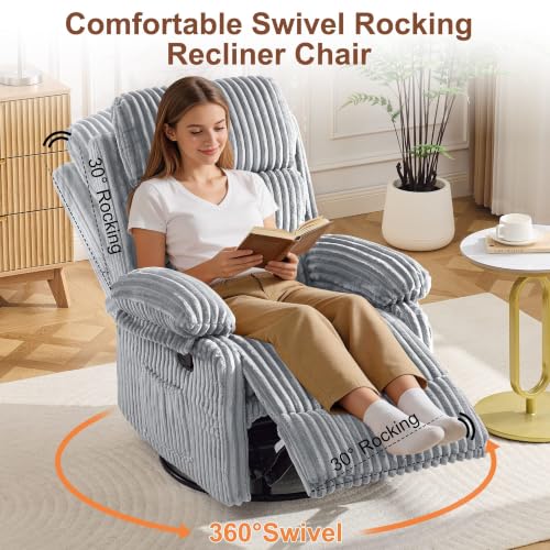 Image of Korser Rocking Recliner Chair, Nursery Rocker Chair for Adults, Small Recliners for Small Spaces, Swivel Rocker Recliner with Cushion, Upholstered Rocking Chairs for Living Room, Nursery, Grey