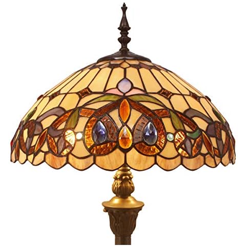 Tiffany Style Floor Standing Lamp W16H64 Inch Tall Stained Glass Serenity Victorian Lampshade 2E27 Antique Reading Lighting Resin Base S021 WERFACTORY LAMPS Bedroom Living Room Beside Table Lover Gift Cover