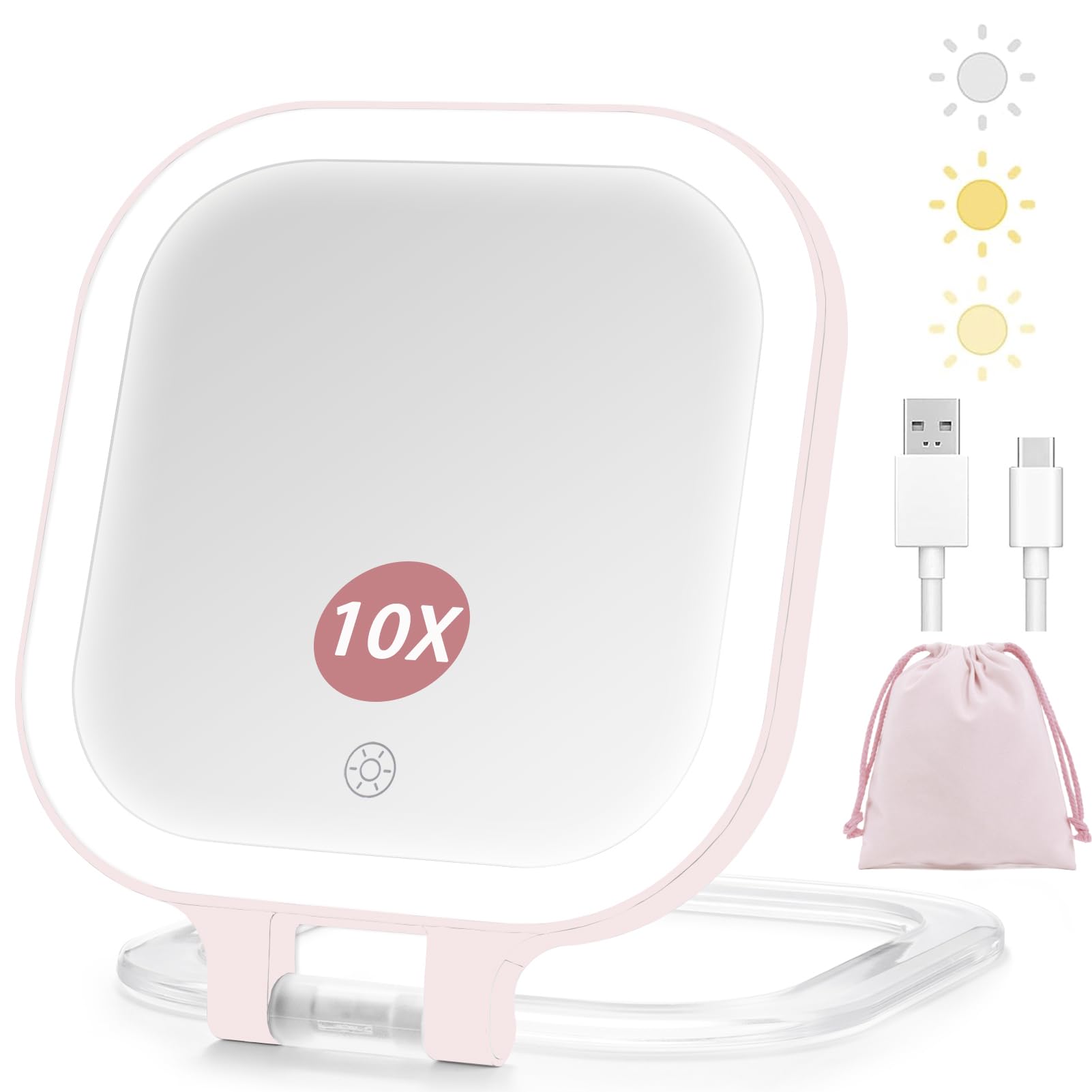 Vanexiss Travel Mirror,Magnifying Mirror with light,1X/10X Double Sided Magnifying Mirror,Rechargeable 3 Color Lighting,Dimmable Touch Screen, Foldable/Handheld/Travel/Desktop(Pink)