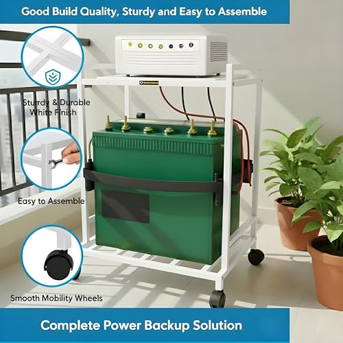 Image of Heavy-Duty 2-Tier UPS & Inverter Stand - Metal Battery Trolley with Dual Shelf Storage, 360 Smooth Caster Wheels, Strong Load Capacity 100Kg+ for Home & Office (White)