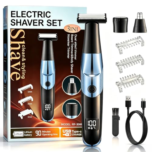 LEUER 3‑in‑1 Men’s Grooming Kit, Rechargeable LED Beard Trimmer, Nose Ear & Body Shaver with Guide Combs