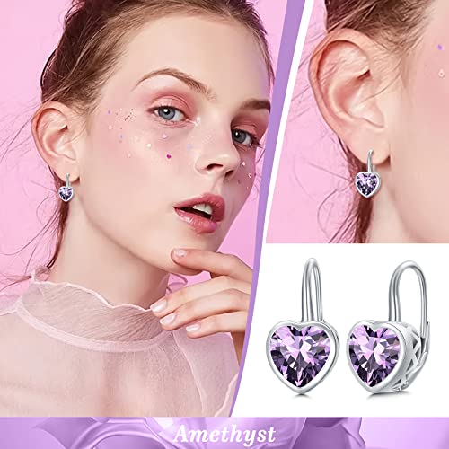 Heart Amethyst Earrings 925 Sterling Silver Plated February Birthstone Earrings Birthday Dangle Drop Earrings For Women Girls,Mother's Day Gifts Earrings Jewelry For Mom Daughter #TOP1