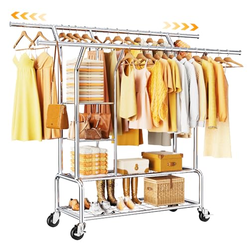 Clothes Rack With Storage Shelf, Heavy Duty Rolling Clothing Rack