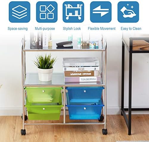 CASART 4 Drawers Storage Trolley, 3 Tier Rolling Utility Cart with Lockable Wheels, Mobile Shelving Unit Storage Organiser for Home Office Stationary, Salon and Hairdressing (Blue + Green)