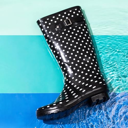 NORTY Waterproof Rain Boots for Women Size 7, Tall & High Calf Rain Shoes, Slip-Resistant, Comfortable Rainboots, Stylish Outdoor & Garden Boots, Glossy Black & White Dot, 13.25” Shaft - Thumbnail 5