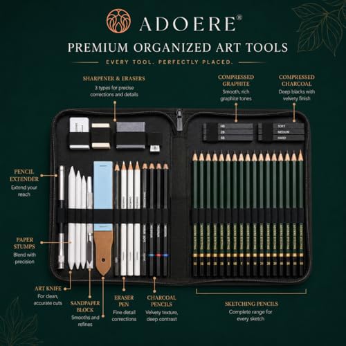 Image of Professional Sketching Kit with Sharpener & Zippered Carry Case - Complete Graphite, Charcoal & Shading Pencil Set for Beginners & Artists