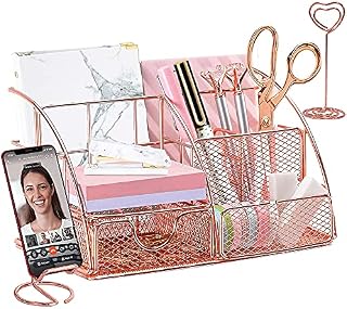 Desk Tidy Organiser Set, NETUME Rose Gold Desk Accessories with Pen Holder/Phone Stand/Photo Holder/Pen Pot for Women Girl Desktop Storage, Metal Stationery Organisers for Office Home School Supplies