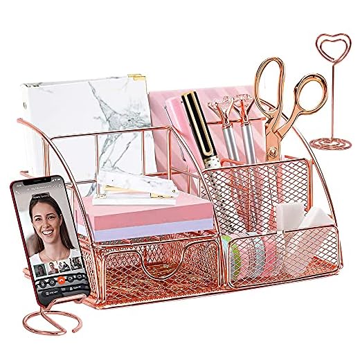 Organizador de Escritorio,Organizador Escritorio Oro Rosa con Soporte para Teléfono/Lapiceros para Escritorio/Portalapices para Mujeres,Niña, Metal Accesorios Escritorio para Oficina,Hogar