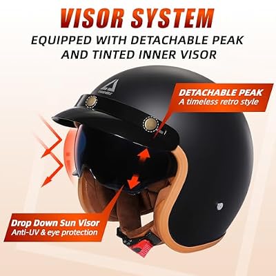 TRIANGLE 3/4 Motorcycle Helmet,Retro Open Face Adults Helmets with Visor,Half Face Moped Helmet for Men & Women,DOT Approved Helmets for Cruiser Scooter(L)