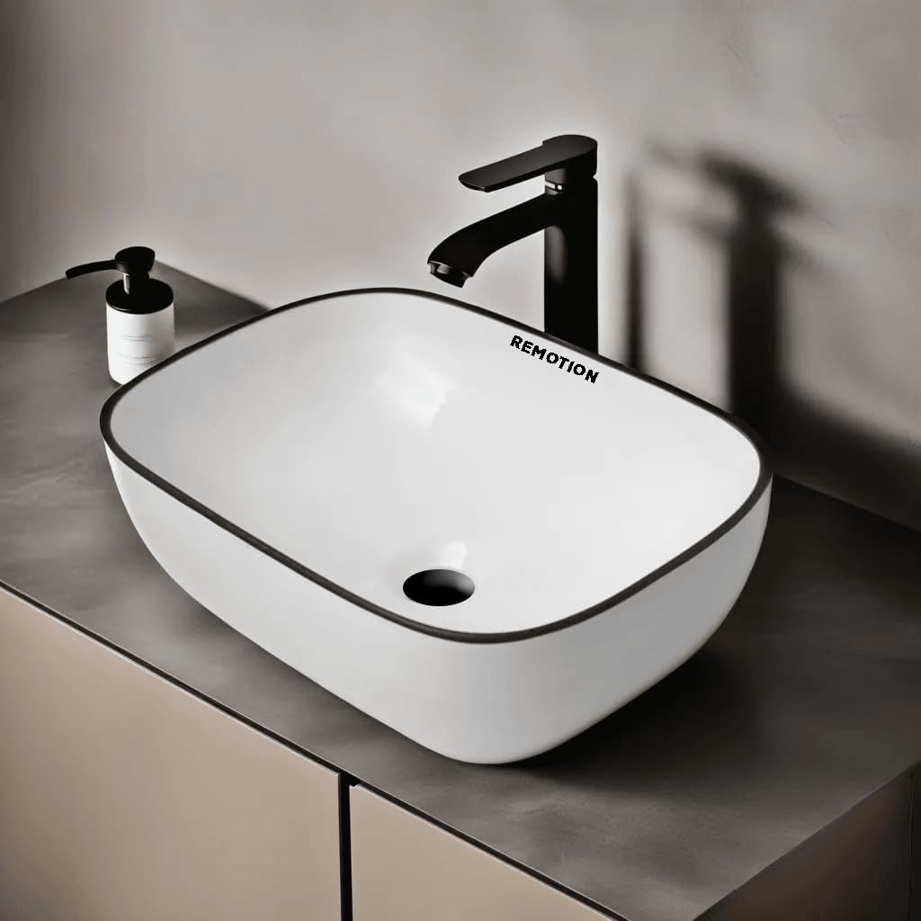 REMOTION Designer Ceramic Wash Basin For Bathroom | Over Counter Bathroom Basin | Counter Top Bathroom Sink (18 x 13 x 5.5 Inch) (AD 69 Plain White Black Line Tip) (B0CQ59CLCF) Amazon Price History, Amazon Price Tracker