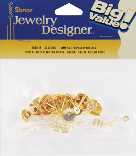 Darice Flat Pad Earring Posts with Butterfly Clutch, 10mm, Gold