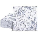 40 Stück Blaue Blumen Cocktail Servietten, 6.5 Zoll Party Papierservietten Gästehandtücher für Brautparty Babyparty Geburtstagsparty