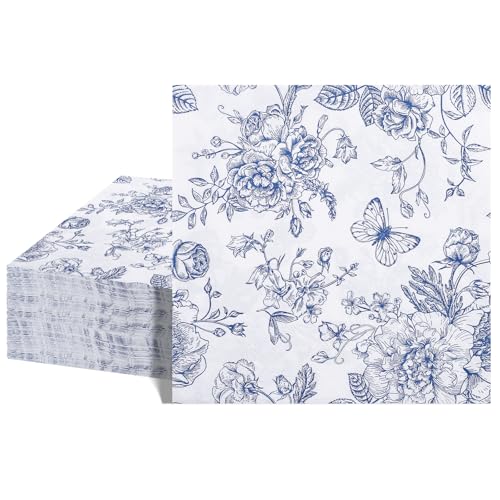 40 Stück Blaue Blumen Cocktail Servietten 6.5 Zoll Party Papierservietten Gästehandtücher für Brautparty Babyparty Geburtstagsparty