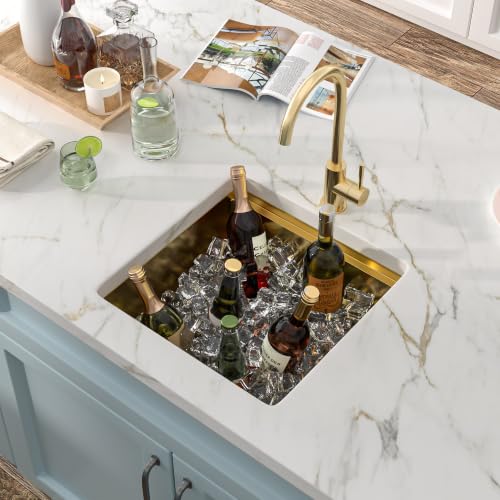 Image of 17 inchx17 inch Gold Bar Prep Sink Undermount Workstation | Brushed Gold NANO-PVD 16 Gauge T304 Stainless Steel Single Bowl Under Counter Basin for RV Kitchen Wet Bar Prep Station