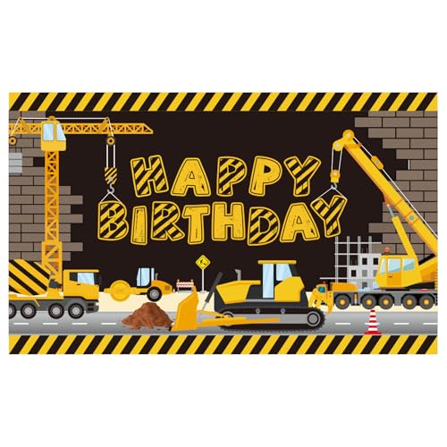 Toile de Fond d'anniversaire sur Le Thème du Camion de Chantier, 180x110cm en Polyester avec Ficelle pour Fête d'anniversaire sur Le Thème du Chantier...