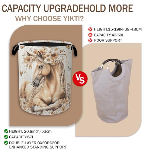 Image of Horse Laundry Basket,Gold Flower Butterfly Clothes Hamper,Oxford Cloth Collapsible Nursery Hamper Storage Organization for Bedroom,Bathroom,Office,College Dorms,16x20 Inch