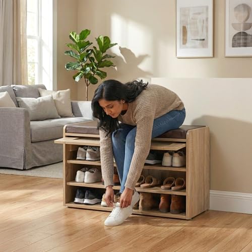 Image of Rocco Rosso Shoe Cabinet with Seat for 12 Pairs | Lift-Up Acrylic Fluted Shutter | Engineered Wood Shoe Rack Bench with Adjustable Shelves | Scratch-Resistant | Hallway Bedroom Entryway (Oak)