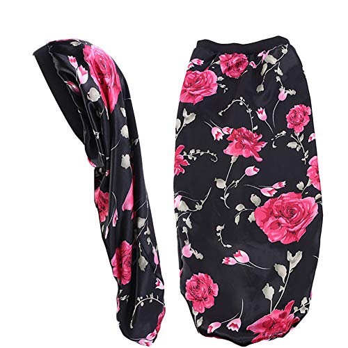 Extra Long Satin Bonnet Sleep Cap Long Bonnet for Braids Hair Loose Cap (Black Flowers)
