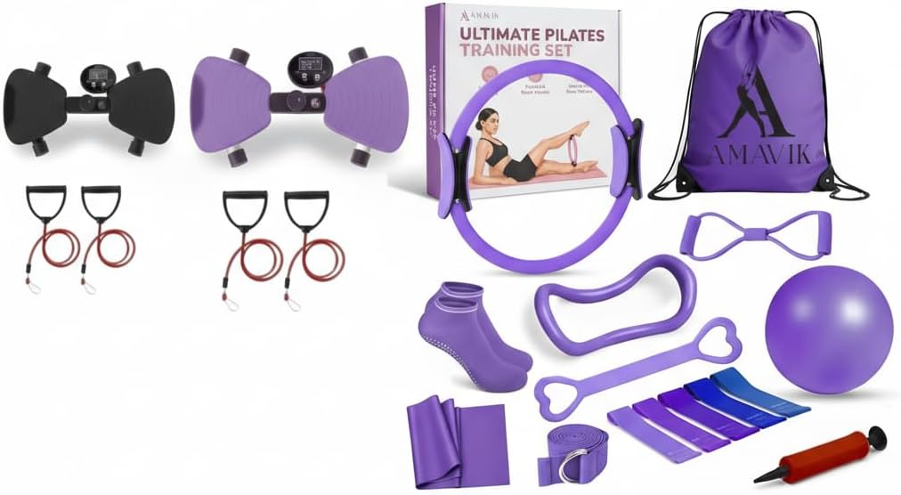 AMAVIK 15-Piece Pilates Kit with Resistance Bands, Ring, Ball, Socks & Accessories + 2 Waist Twister Machine with Digital Counter, Anti-Slip Pedals – Full Body Workout for Core, Strength