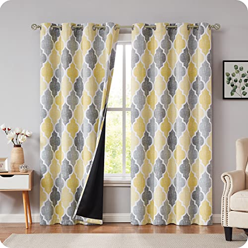 Beauoop Gelb Grau Blickdicht Vorhänge für Wohnzimmer Rautenmuster Verdunklungsvorhang Marokkanisch Geometrisch Abdunkelnd Vorhang Gardinen für Schlafzimmer 2er Set, 130 x 245 cm (H x B)