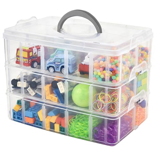 Image of 3-Tier Stackable Storage Container Box, 30 Compartments - Upgraded Large Clear Craft Organizer with Dividers for Beads, Small Toys, Jewelry, Washi Tape & Sewing Supplies