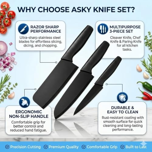 Image of 3-Piece Kitchen Knife Set, High Carbon Stainless Steel, Non-Slip Handle, with Blade Cover, for Professional Use