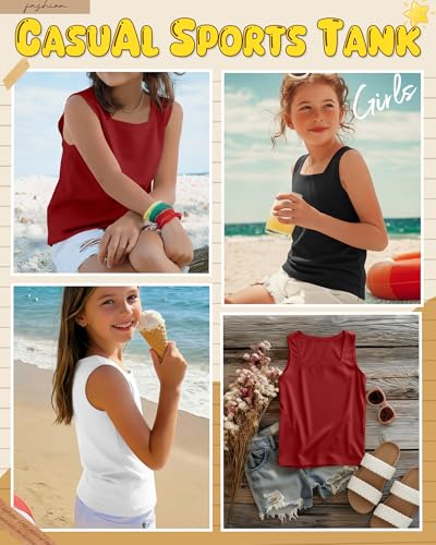 Image of 3 Pack Girls Square Neck Tank Tops | Basic, Sleeveless T-Shirts, Casual Summer Tanks, Kids Undershirts, School, Size 5-14 Years, Comfy, Elasticity
